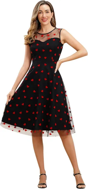 Women's 1950s Floral Embroidery Tulle Dress for Women Heart Print Dress Wedding Guest Formal Evening Party Gown