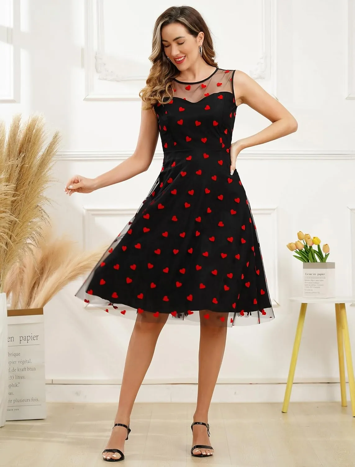 Women's 1950s Floral Embroidery Tulle Dress for Women Heart Print Dress Wedding Guest Formal Evening Party Gown