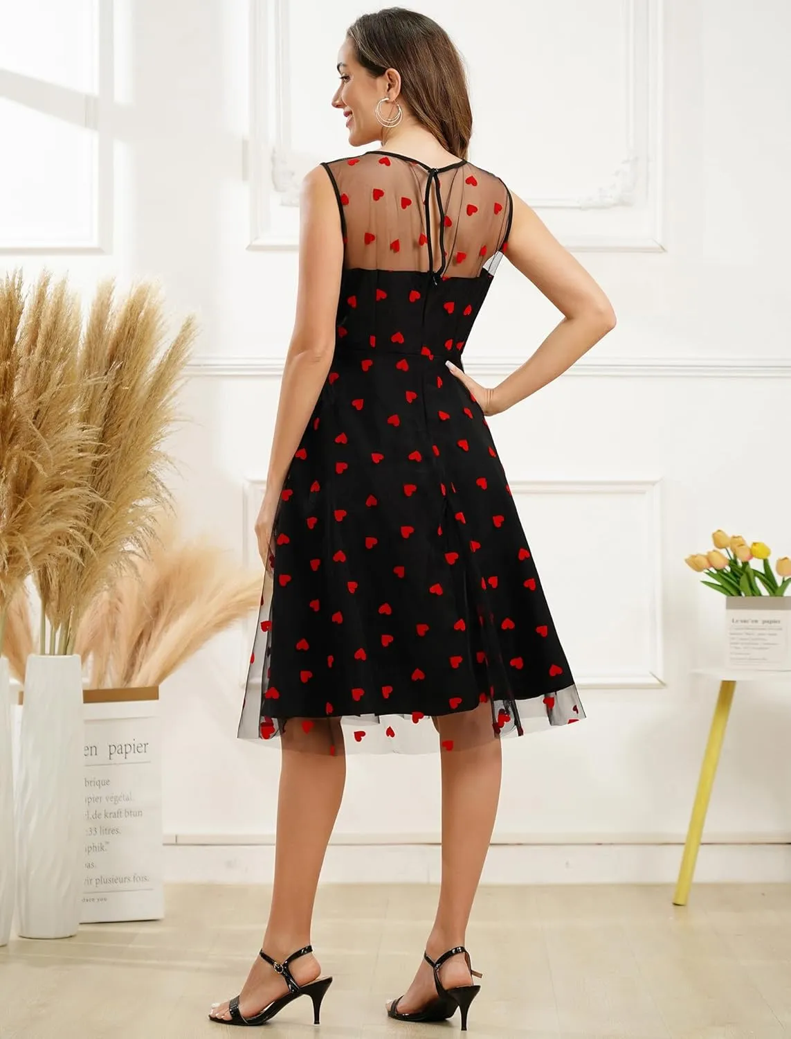 Women's 1950s Floral Embroidery Tulle Dress for Women Heart Print Dress Wedding Guest Formal Evening Party Gown