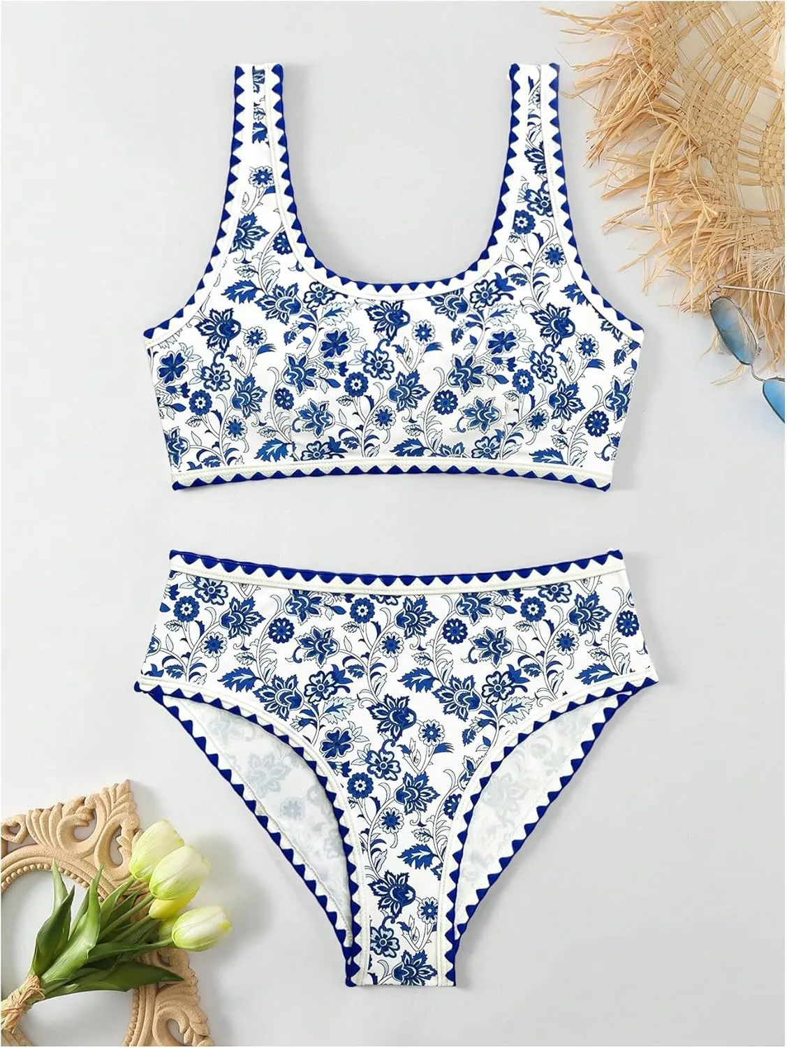Women's 2 Piece Floral Print Bikini Set Y2K Tankini Set Boho High Waist Swimsuit Full Coverage Bathing Suit Beachwear