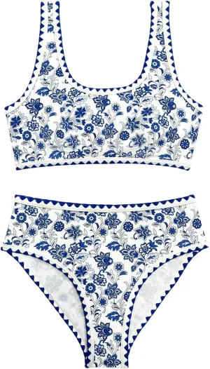Women's 2 Piece Floral Print Bikini Set Y2K Tankini Set Boho High Waist Swimsuit Full Coverage Bathing Suit Beachwear