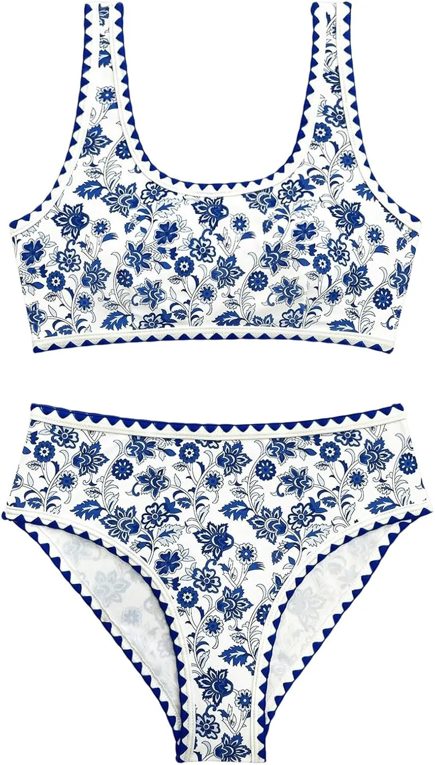 Women's 2 Piece Floral Print Bikini Set Y2K Tankini Set Boho High Waist Swimsuit Full Coverage Bathing Suit Beachwear