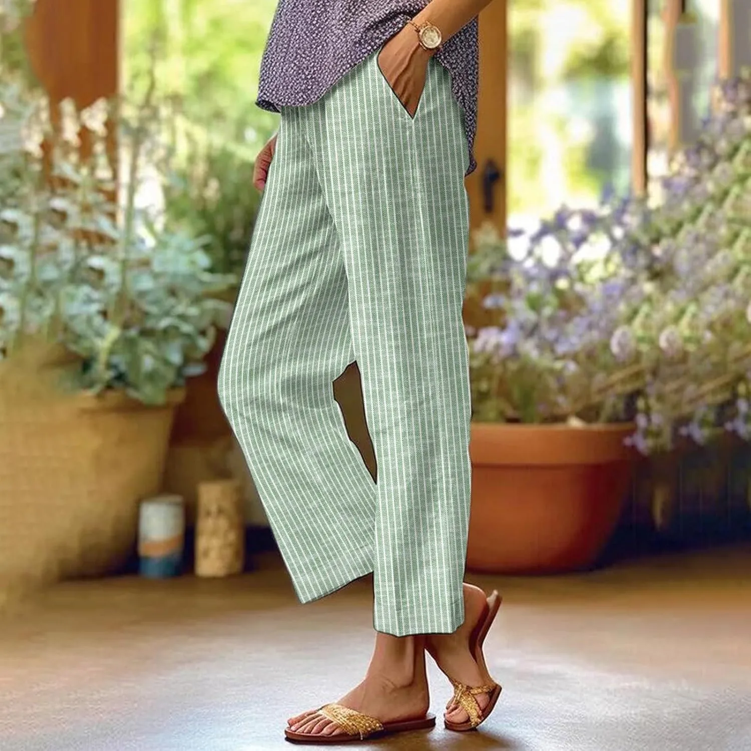 Women's Casual Boho Floral Design Cotton Linen Pant Elastic Waisted Drawstring Summer Beach Baggy Capri with Pockets