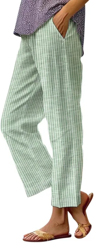 Women's Casual Boho Floral Design Cotton Linen Pant Elastic Waisted Drawstring Summer Beach Baggy Capri with Pockets