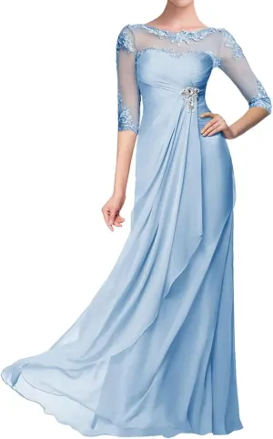 Women's Chiffon Mother of Bride Dresses 3/4 Sleeves Long Wedding Guest Dress Lace Formal Evening Gowns