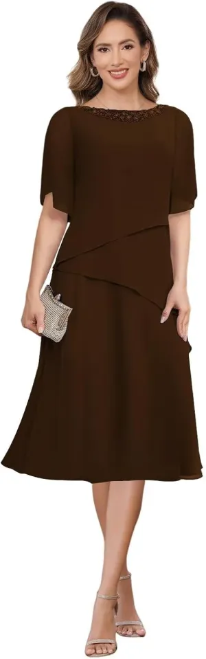 Women's Chiffon Mother of The Bride Dresses with Sleeves Scoop Neck A Line Formal Evening Dress VS178
