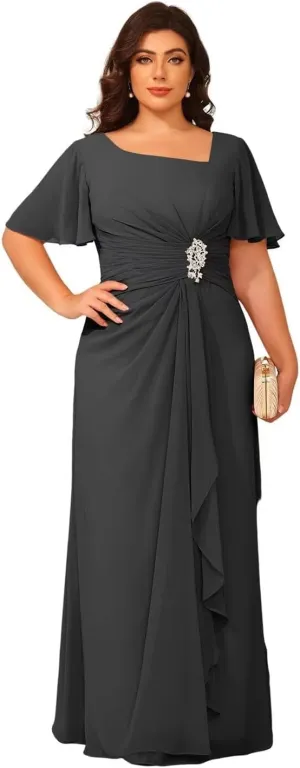 Women's Chiffon Mother of The Bride Dresses with Sleeves V Neck A Line Formal Evening Dress VS164N