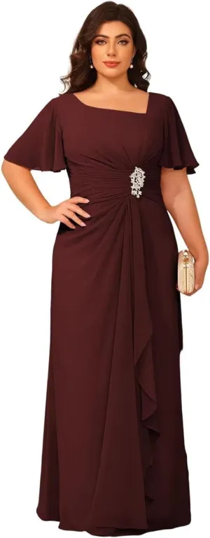 Women's Chiffon Mother of The Bride Dresses with Sleeves V Neck A Line Formal Evening Dress VS164N