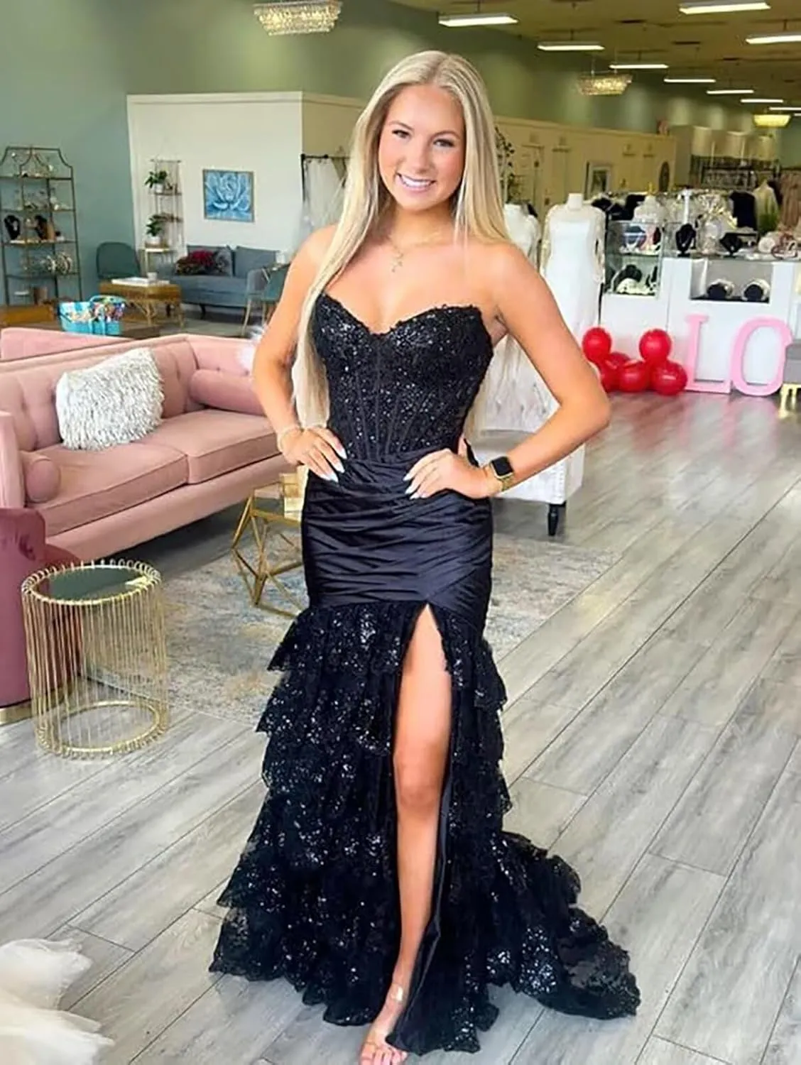 Women's Corset Strapless Prom Dress Long Tiered Sequin Lace Formal Evening Gowns with Slit