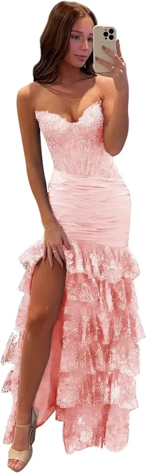 Women's Corset Strapless Prom Dress Long Tiered Sequin Lace Formal Evening Gowns with Slit