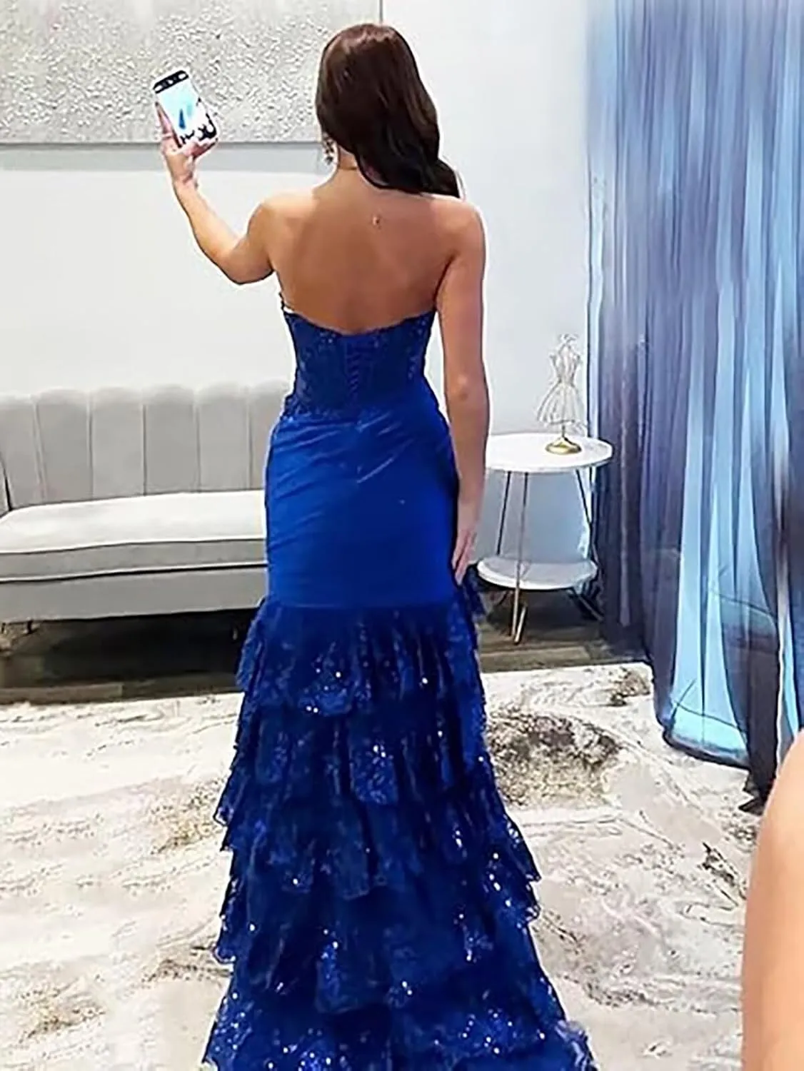Women's Corset Strapless Prom Dress Long Tiered Sequin Lace Formal Evening Gowns with Slit