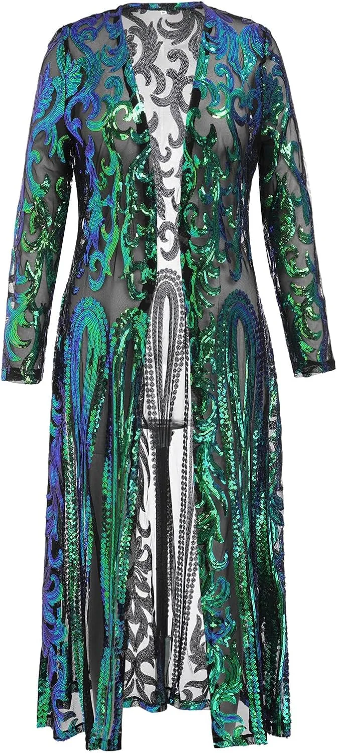 Women's Fashion Duster Cardigan Sparkle Sequins Long Sleeve Open Front Coat Dress Party Prom Cover Up