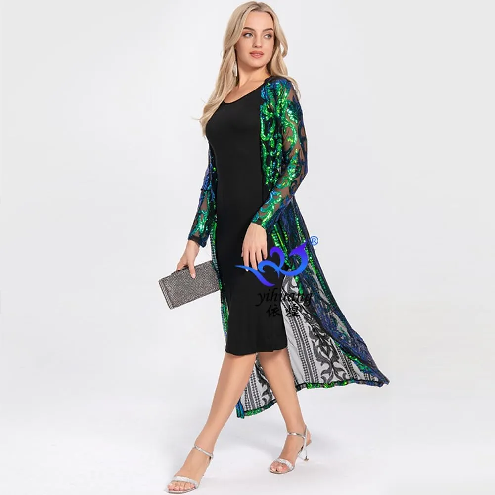 Women's Fashion Duster Cardigan Sparkle Sequins Long Sleeve Open Front Coat Dress Party Prom Cover Up