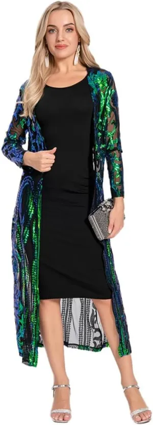 Women's Fashion Duster Cardigan Sparkle Sequins Long Sleeve Open Front Coat Dress Party Prom Cover Up