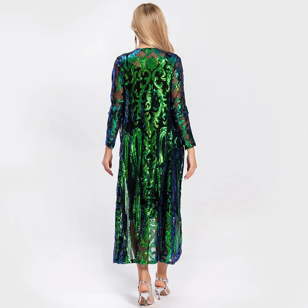 Women's Fashion Duster Cardigan Sparkle Sequins Long Sleeve Open Front Coat Dress Party Prom Cover Up