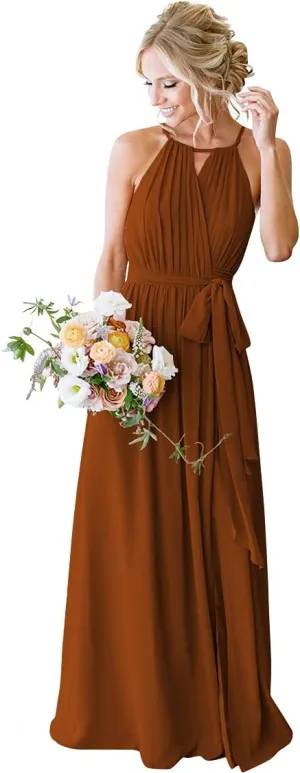 Women's Halter Chiffon Bridesmaid Dresses Long A-Line Pleated Evening Party Gown with Slit for Teens LB012