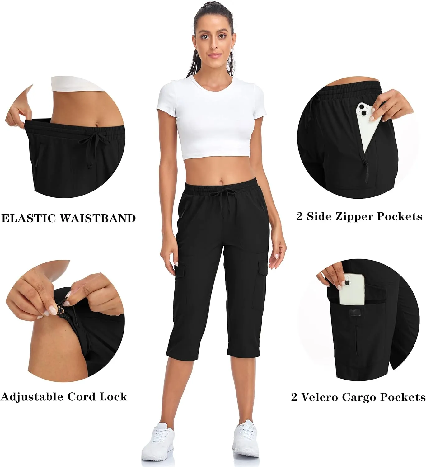 Women's Hiking Cargo Capri Pants Lightweight Quick Dry Joggers Outdoor Casual Travel Capris with Zipper Pockets
