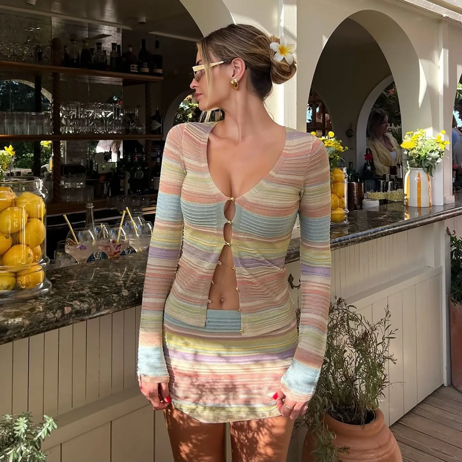 Womens Knit Cardigan and Skirt Set  Slim Fit  Ribbed Button Front  Mini Length