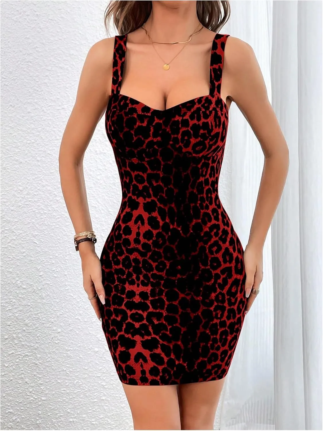 Women's Leopard Print Sweetheart Neck Cami Dress Sleeveless Bodycon Mini Dress