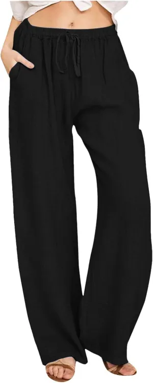Women's Linen Pants Baggy Casual Summer Solid Color Boho Plus Size High Waist Linen Pants Elastic Waist Streetwear Trousers