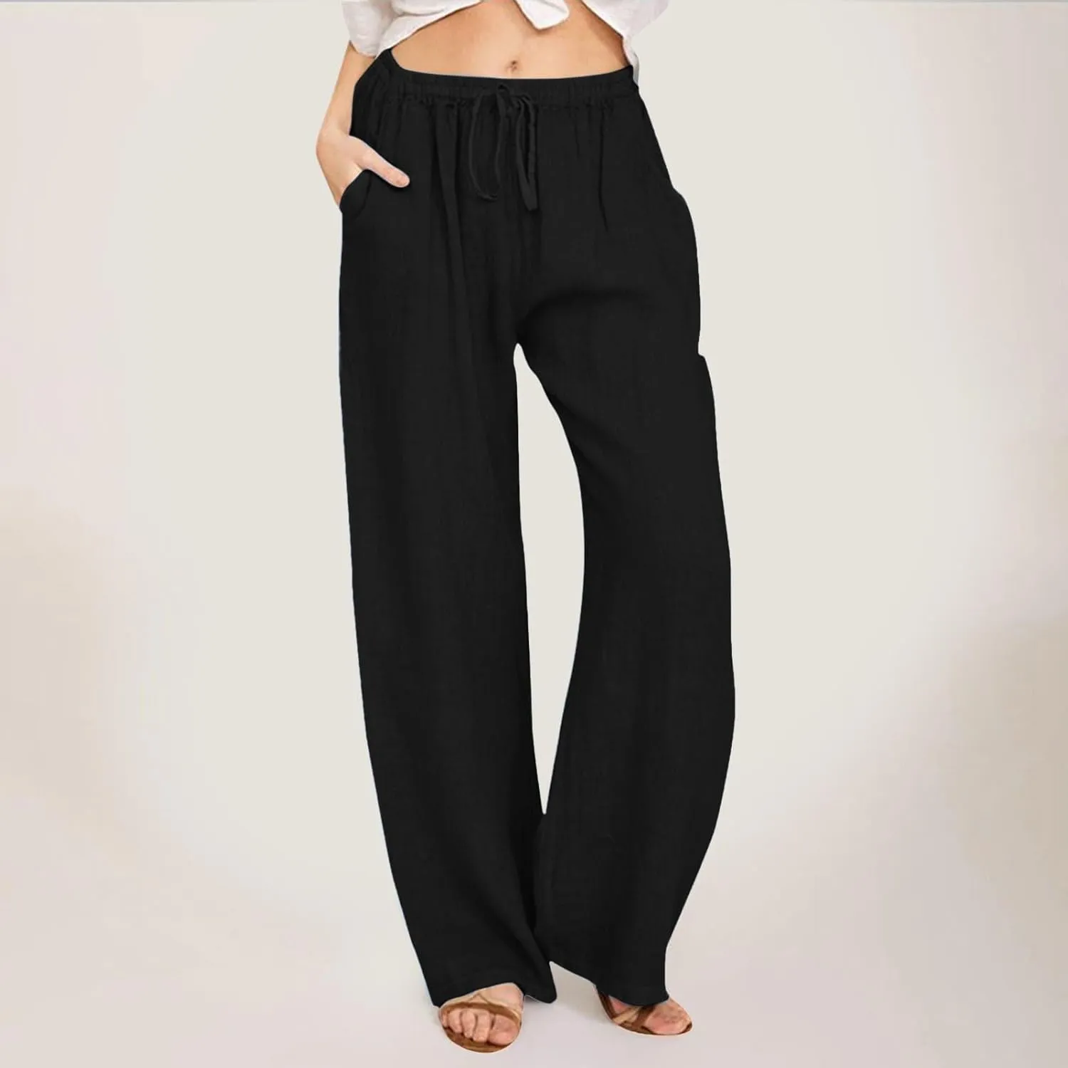 Women's Linen Pants Baggy Casual Summer Solid Color Boho Plus Size High Waist Linen Pants Elastic Waist Streetwear Trousers