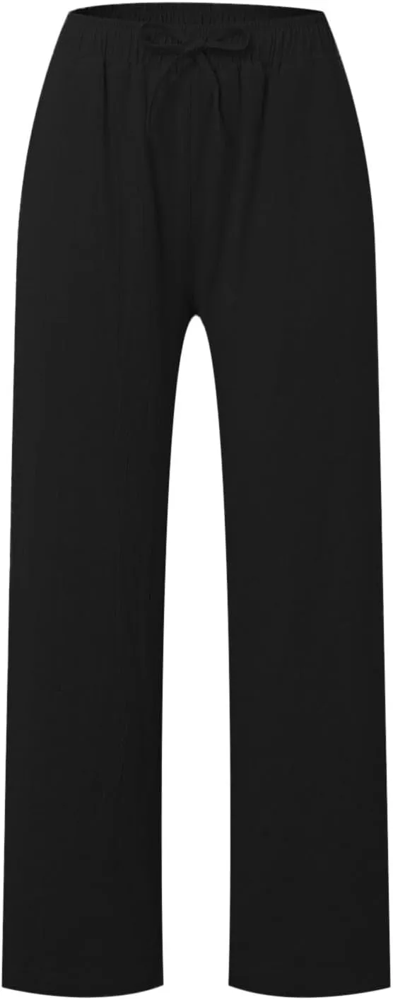 Women's Linen Pants Baggy Casual Summer Solid Color Boho Plus Size High Waist Linen Pants Elastic Waist Streetwear Trousers