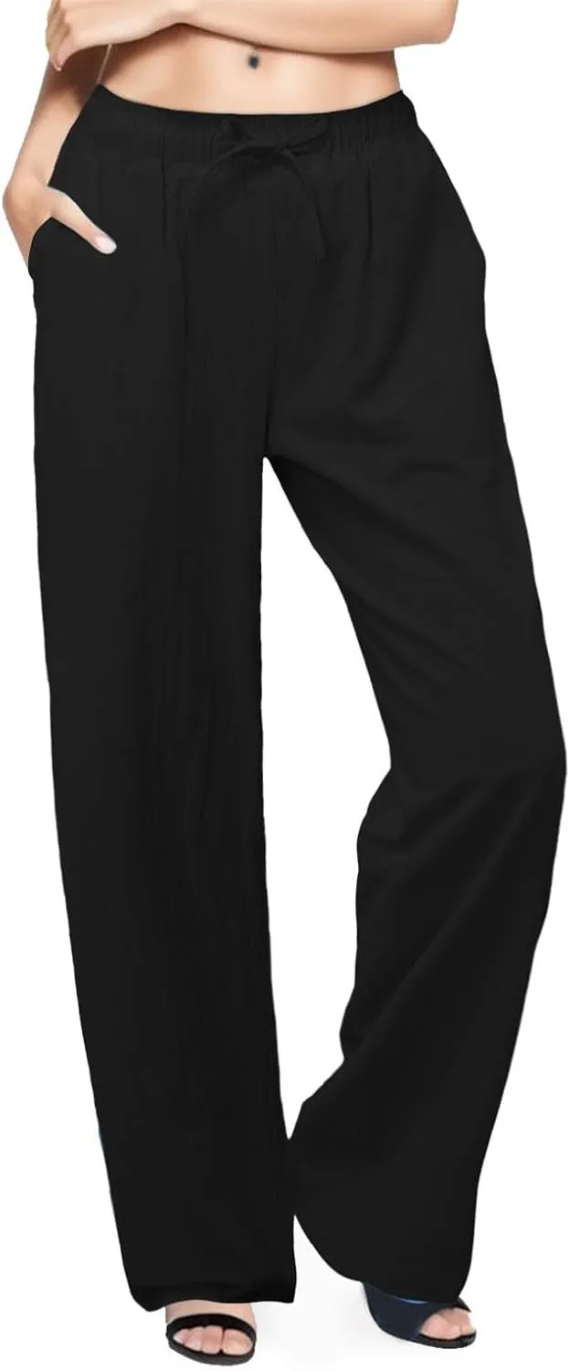 Women's Linen Pants Baggy Casual Summer Solid Color Boho Plus Size High Waist Linen Pants Elastic Waist Streetwear Trousers