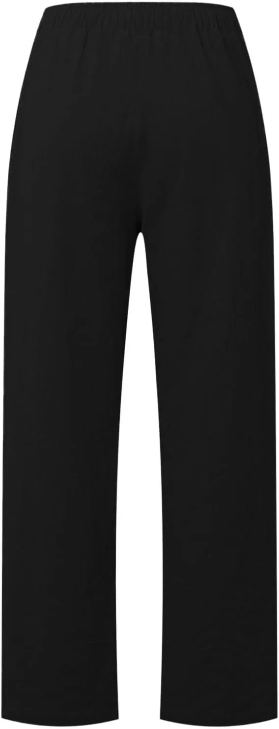 Women's Linen Pants Baggy Casual Summer Solid Color Boho Plus Size High Waist Linen Pants Elastic Waist Streetwear Trousers