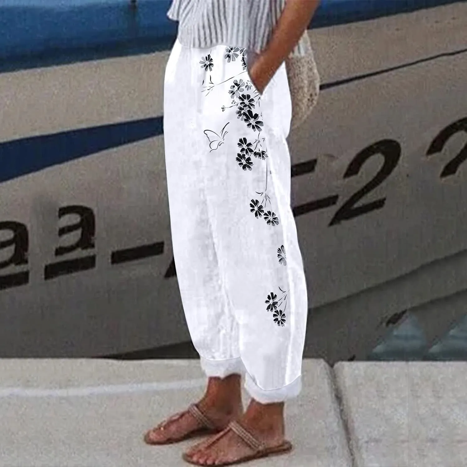 Womens Linen Pants Casual Summer Loose Boho Straight Leg Solid Color High Waist Linen Pants Elastic Waist Streetwear Trousers
