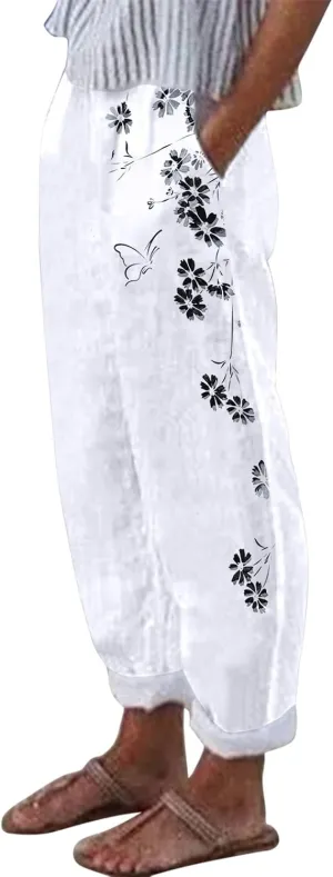 Womens Linen Pants Casual Summer Loose Boho Straight Leg Solid Color High Waist Linen Pants Elastic Waist Streetwear Trousers
