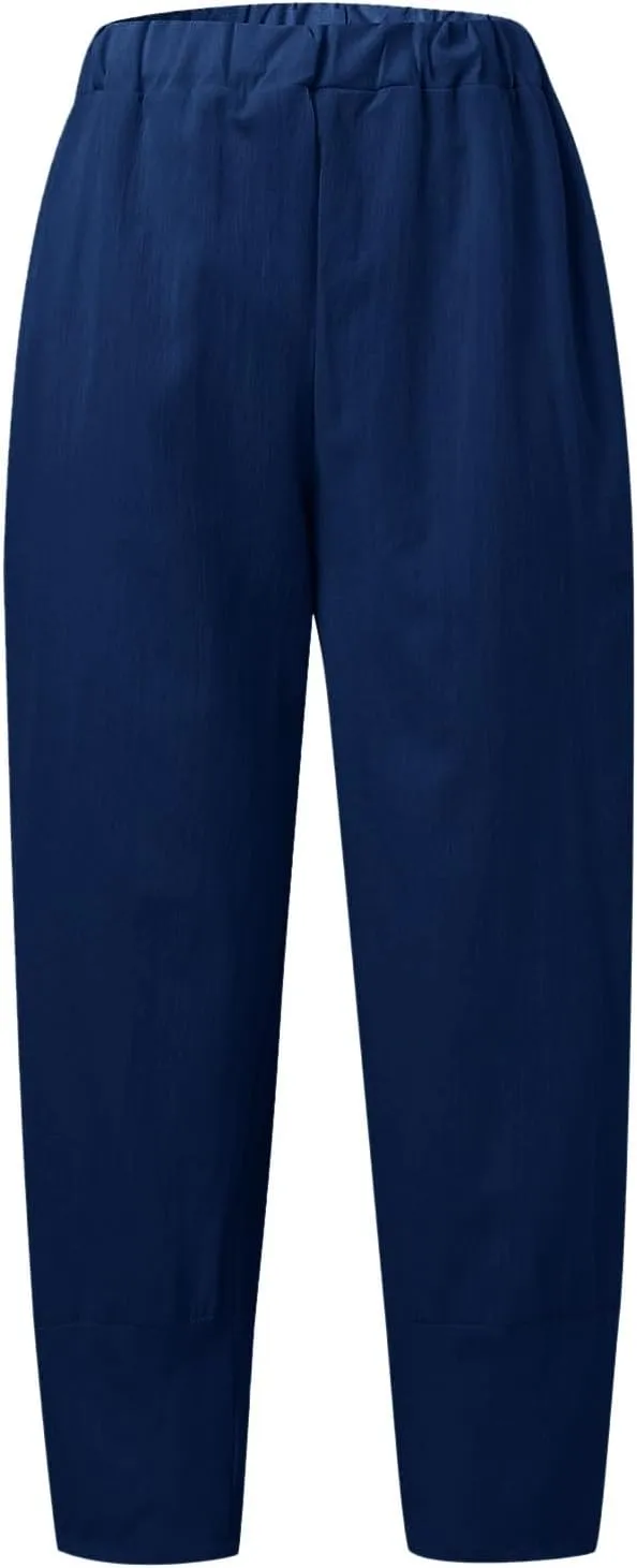 Womens Linen Pants Summer Boho Lightweight High Waist Palazzo Pants Elastic Leg Lounge Casual Trousers with
