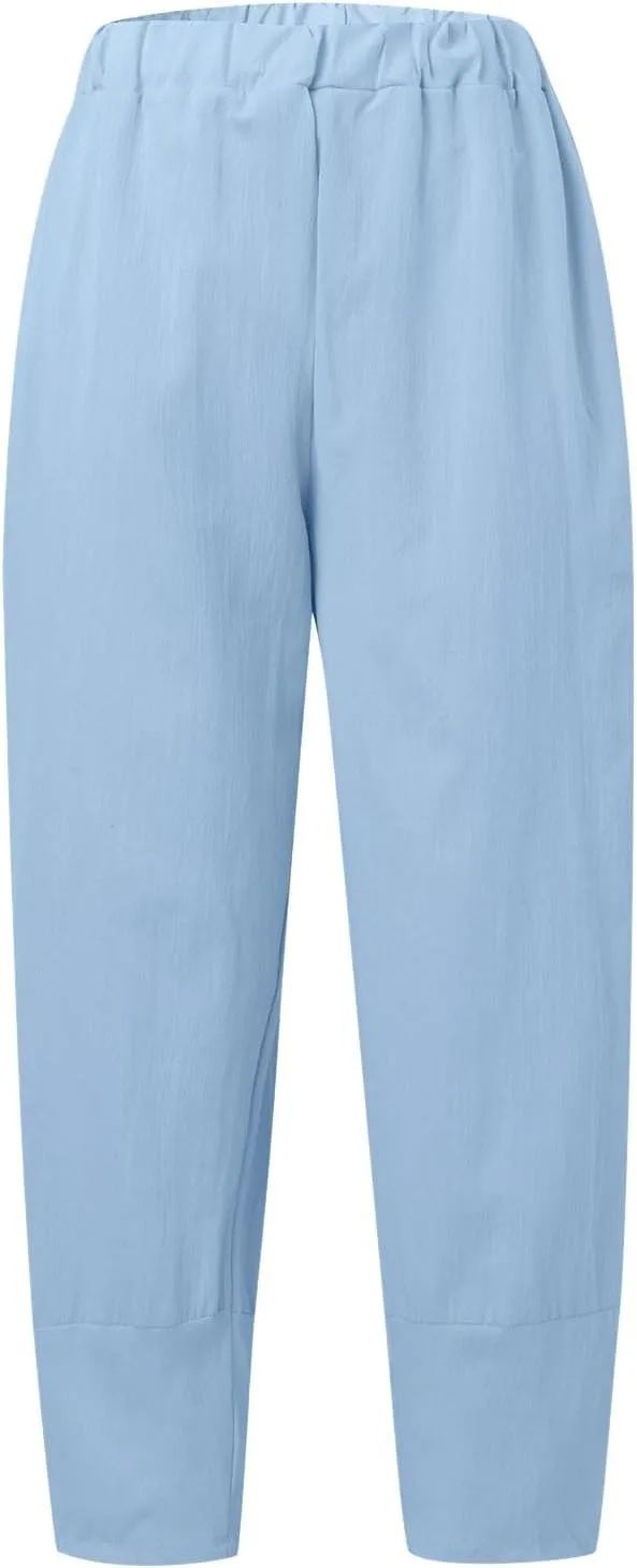 Womens Linen Pants Summer Boho Lightweight High Waist Palazzo Pants Elastic Leg Lounge Casual Trousers with