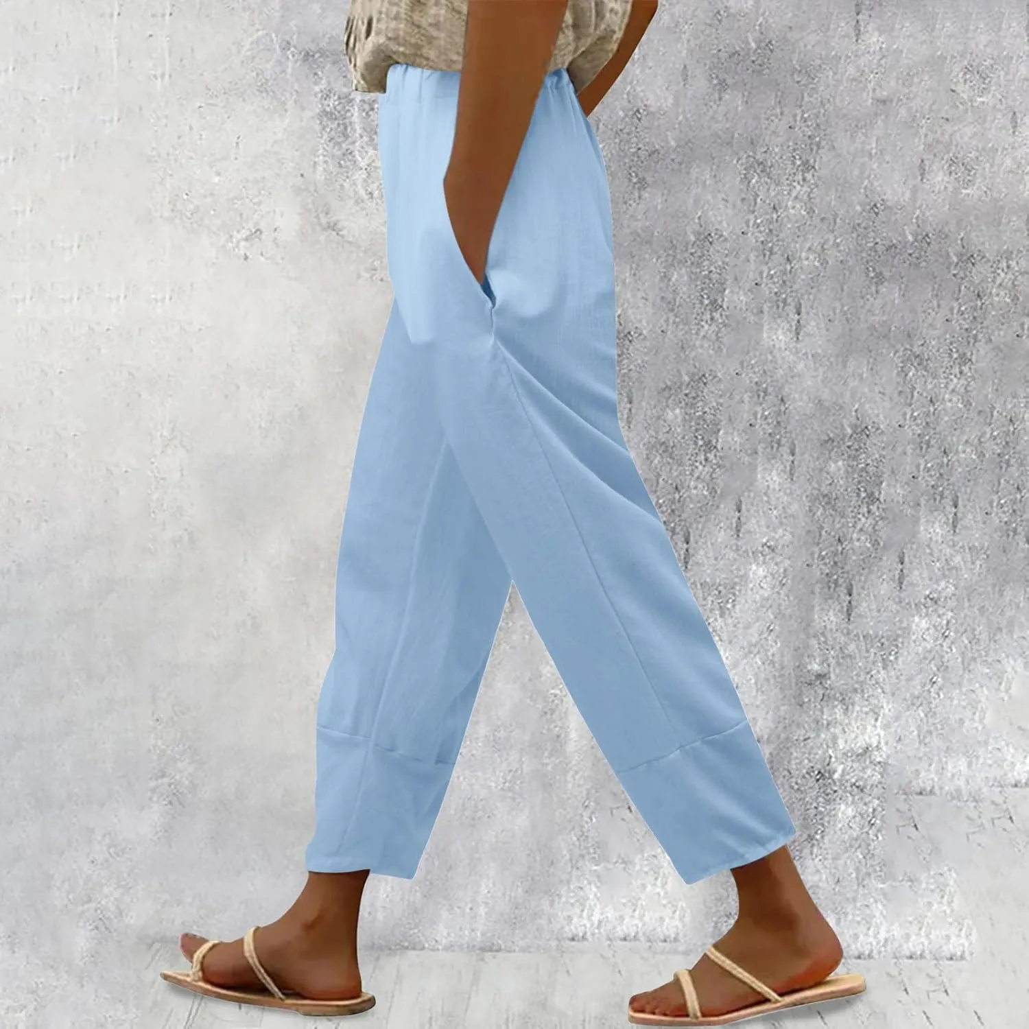 Womens Linen Pants Summer Boho Lightweight High Waist Palazzo Pants Elastic Leg Lounge Casual Trousers with