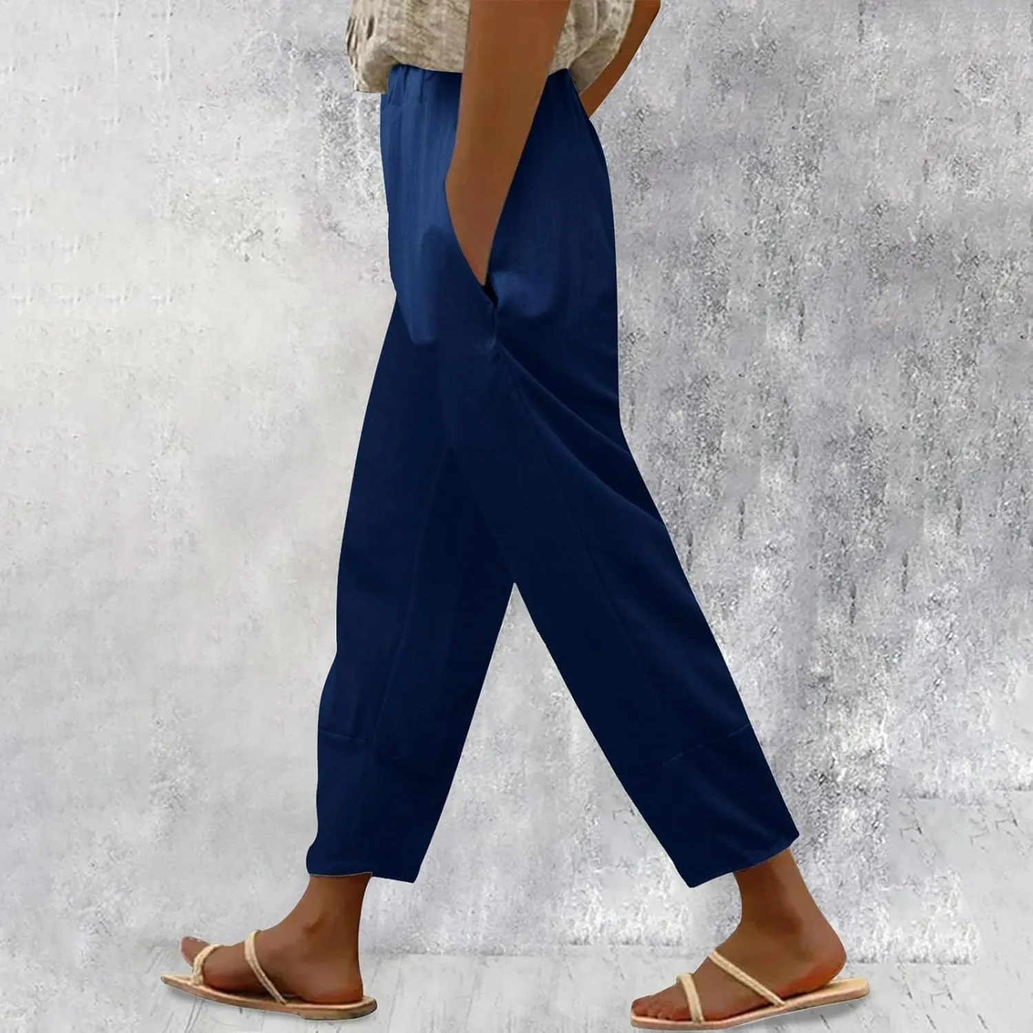 Womens Linen Pants Summer Boho Lightweight High Waist Palazzo Pants Elastic Leg Lounge Casual Trousers with