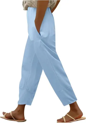 Womens Linen Pants Summer Boho Lightweight High Waist Palazzo Pants Elastic Leg Lounge Casual Trousers with