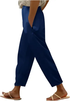 Womens Linen Pants Summer Boho Lightweight High Waist Palazzo Pants Elastic Leg Lounge Casual Trousers with