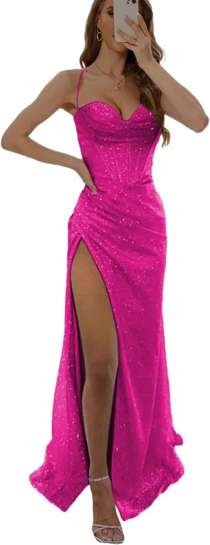 Women's Mermaid Prom Dress with Slit Glitter Bridesmaid Dresses for Wedding Corset Long Formal Evening Gowns