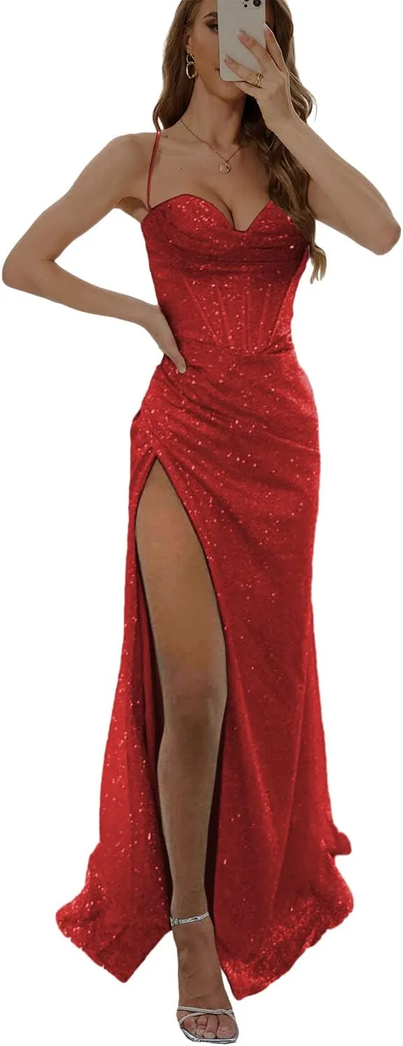 Women's Mermaid Prom Dress with Slit Glitter Bridesmaid Dresses for Wedding Corset Long Formal Evening Gowns