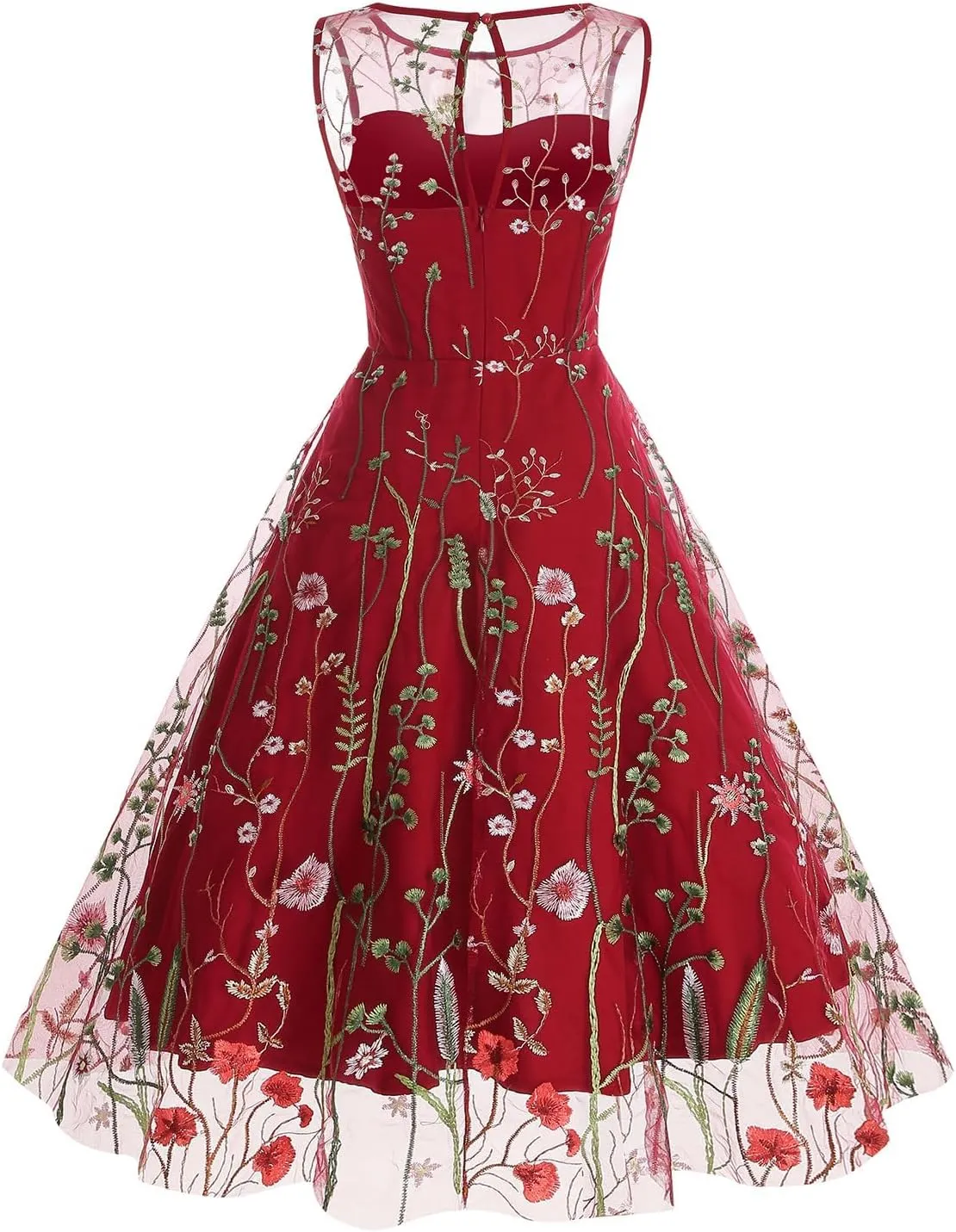 Women's Summer Casual Sleeveless Embroidery Mesh Floral Print Maxi Long Dress for Ladies