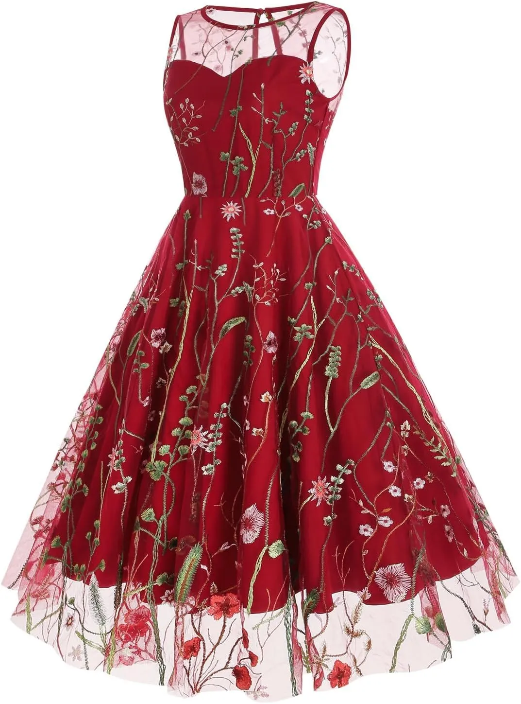Women's Summer Casual Sleeveless Embroidery Mesh Floral Print Maxi Long Dress for Ladies