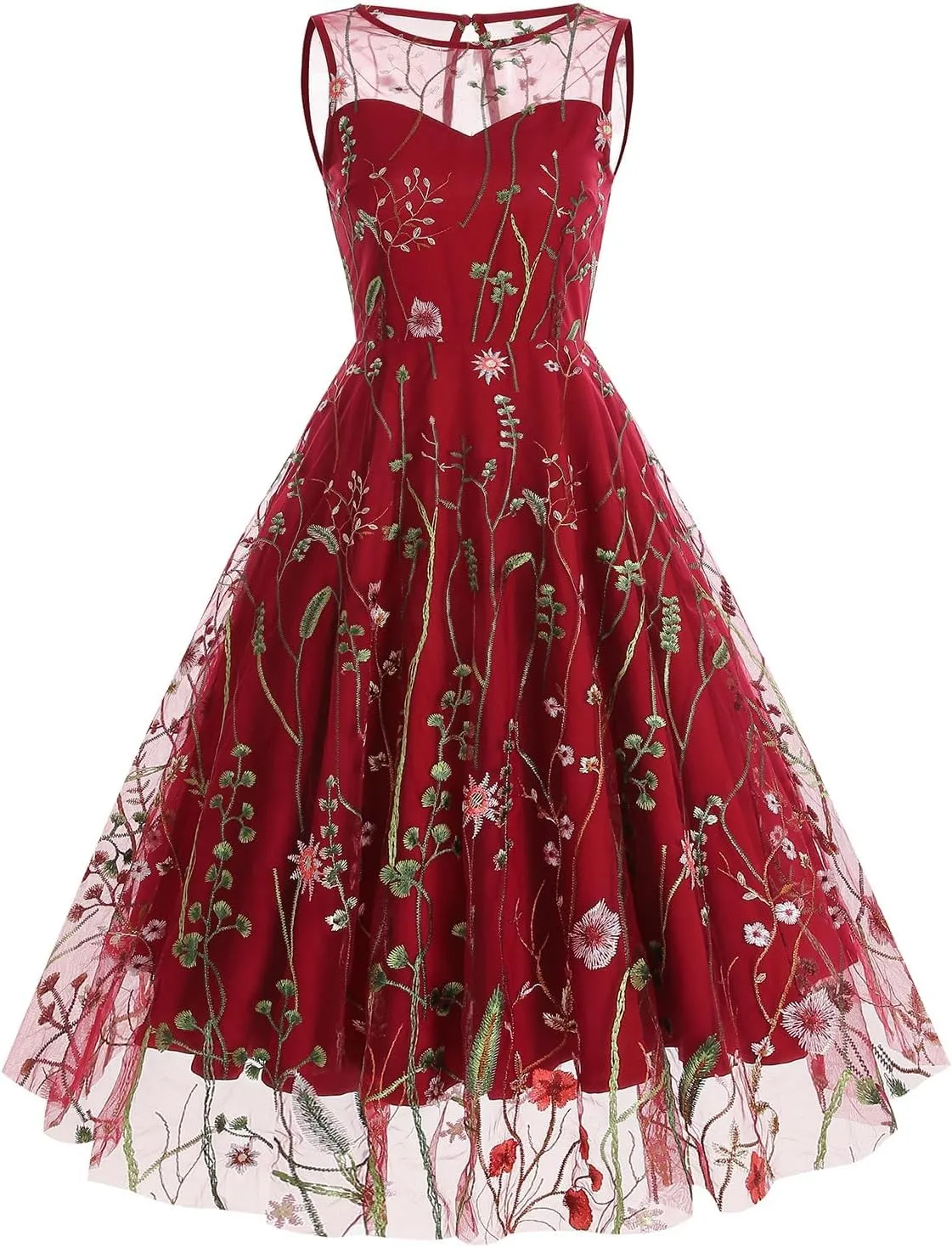 Women's Summer Casual Sleeveless Embroidery Mesh Floral Print Maxi Long Dress for Ladies