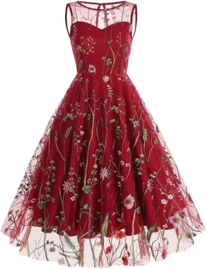 Women's Summer Casual Sleeveless Embroidery Mesh Floral Print Maxi Long Dress for Ladies