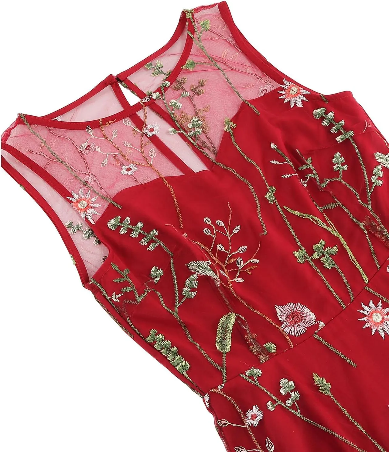 Women's Summer Casual Sleeveless Embroidery Mesh Floral Print Maxi Long Dress for Ladies