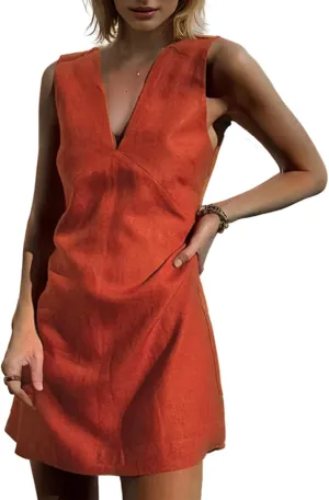 Womens Summer Deep V Neck Sleeveless Linen Mini Dress Casual Beach Sunshine A-line Cotton Tank Dress