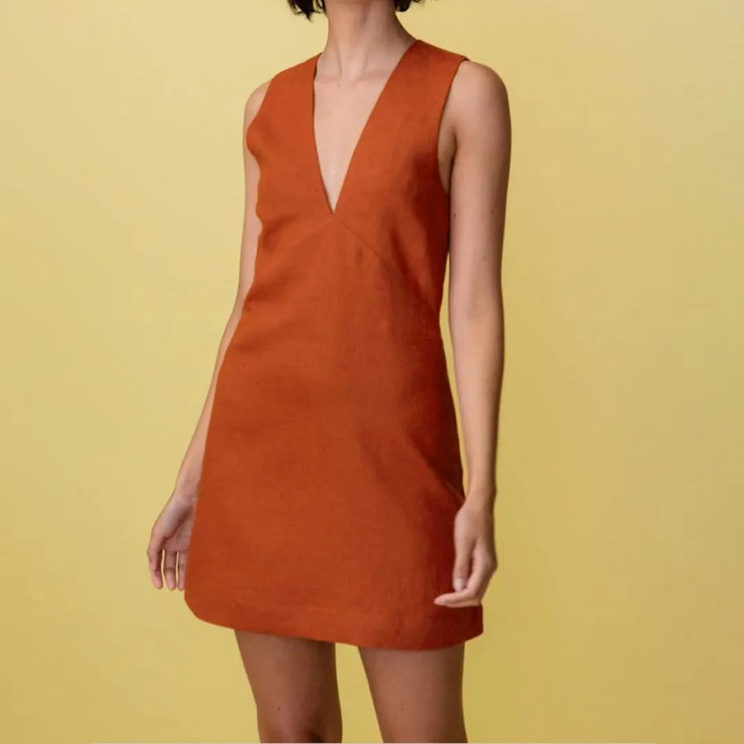 Womens Summer Deep V Neck Sleeveless Linen Mini Dress Casual Beach Sunshine A-line Cotton Tank Dress