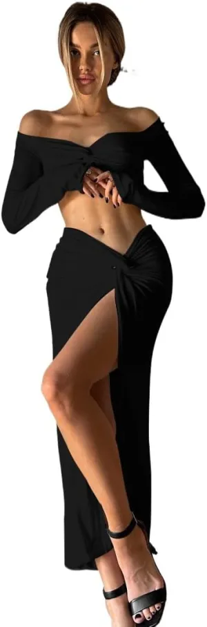 Women's Two Piece Skirt Sets Sexy V Neck Summer Beach Asymmetrical High Slit Night Out Dress Sets Long Skirt Set
