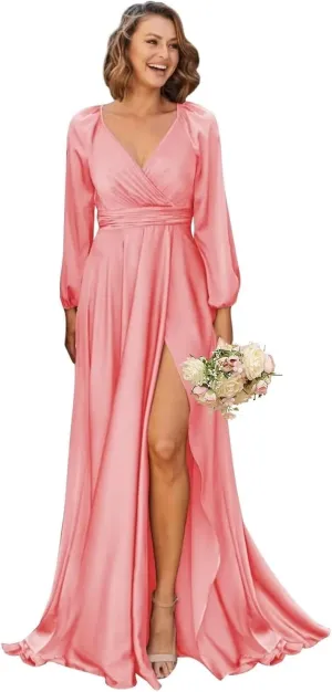 Women's V-Neck Bridesmaid Dresses with Long Sleeves Pleats Chiffon Formal Evening Party Dress with Slit VS022