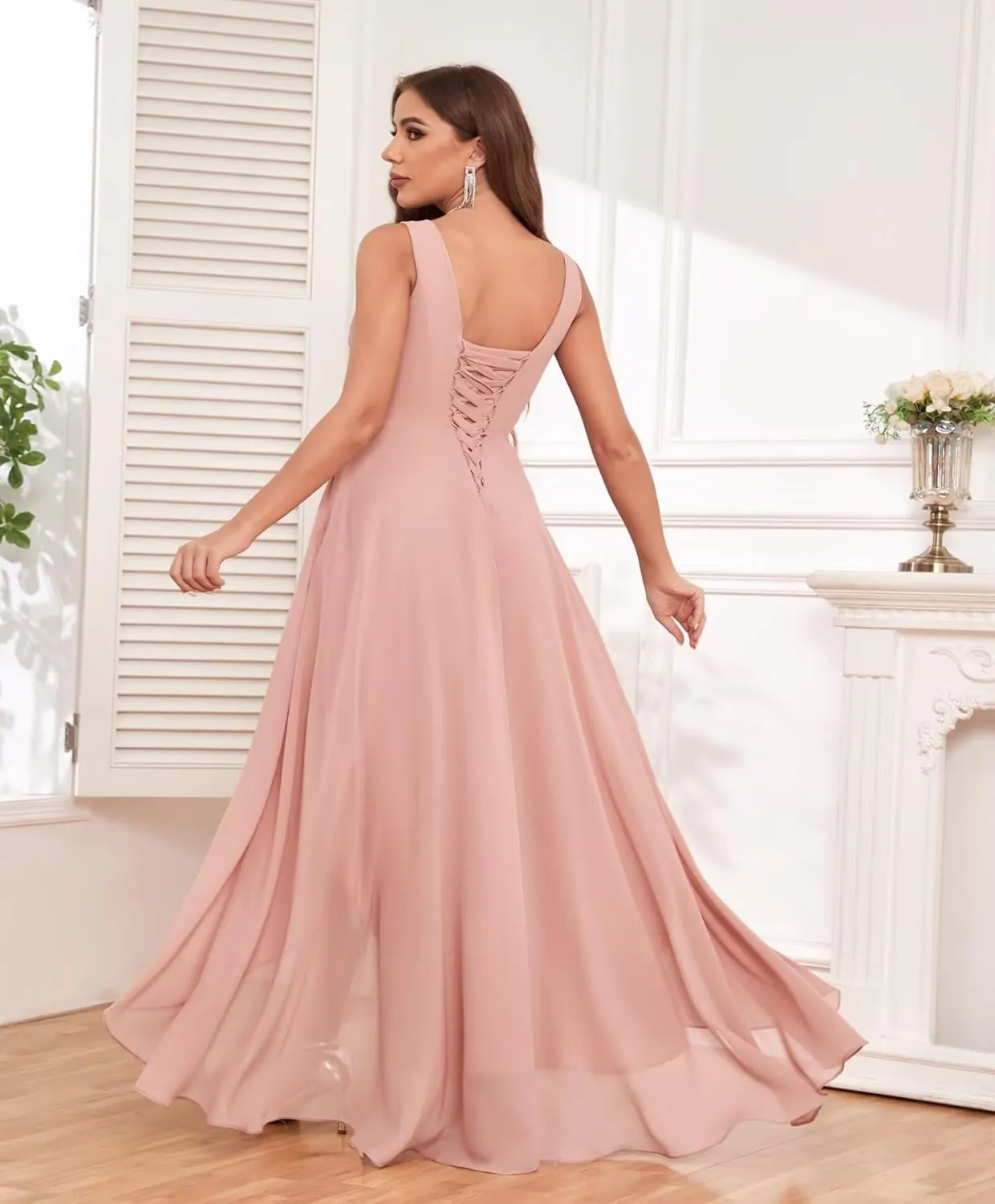 Women's V Neck Bridesmaid Dresses with Pockets Chiffon Pleated High Low Formal Party Dress