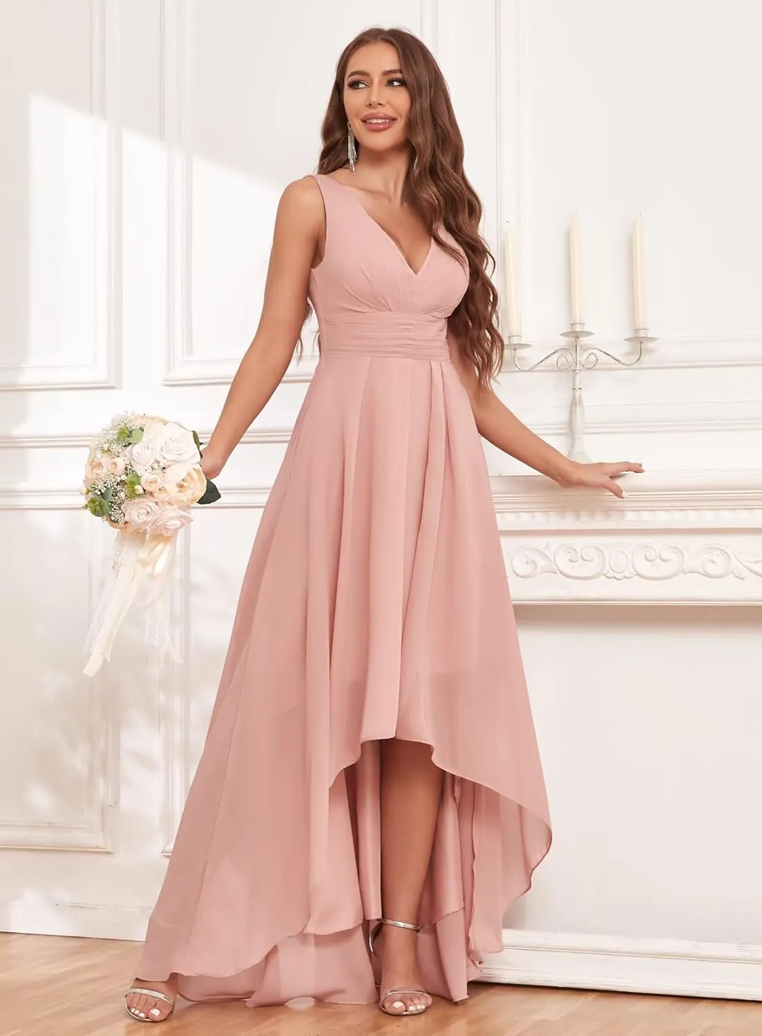 Women's V Neck Bridesmaid Dresses with Pockets Chiffon Pleated High Low Formal Party Dress