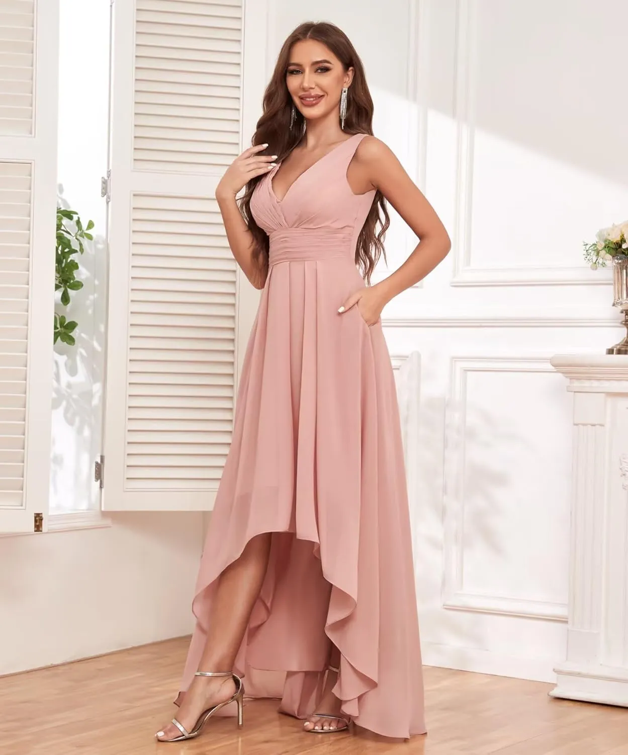 Women's V Neck Bridesmaid Dresses with Pockets Chiffon Pleated High Low Formal Party Dress